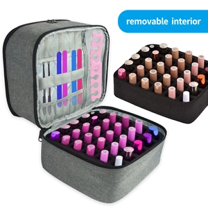 Portable grey nail polish storage bag with a removable foam tray and tool organizers