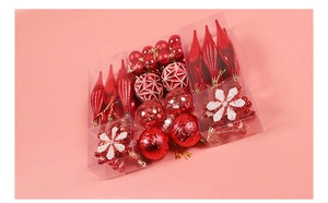 Detailed view of red Christmas ornaments including snowflakes and textured baubles