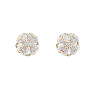 Rotating four-leaf clover stud earrings with gold plating and cubic zirconia stones