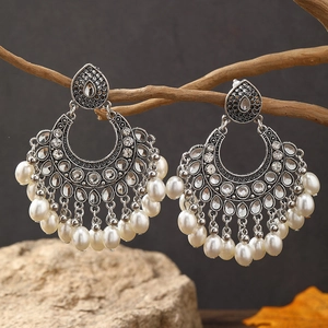 Fan Shaped Artificial Pearl Drop Earrings With Rhinestones Alloy Ethnic Bohemian Retro Style For Women Stainless Steel Earring Post