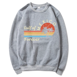 Gray Gulf of Mexico graphic hoodie with vintage sunset and palm trees flat lay view