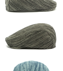 Vue détaillée de casquettes plates en denim délavé en gris, marron et bleu
