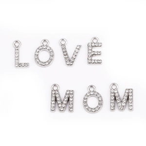 Silver alloy letter charms with rhinestones spelling LOVE MOM for DIY jewelry making
