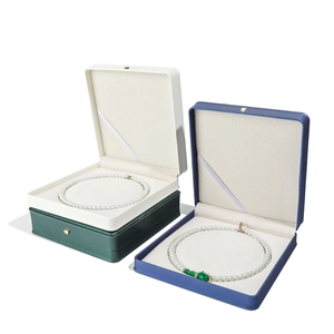 Elegant leather necklace box with plush lining available in white, green, and blue