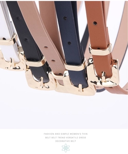 Fashion thin belts for women in white, black, brown, and camel with gold buckles