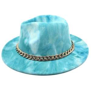 Detail of wide brim fedora hat with blue marble dye and gold chunky chain band