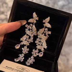 Butterfly Tassel Dangle Earrings With Silver Earring Post Alloy Zircon Elegant Bridal Wedding Jewelry For Women