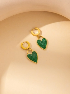 Titanium steel earrings with green crystal heart pendant and 18K gold plated finish