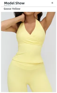 Detail of goose yellow v-neck halter yoga top with matching high waist sports leggings