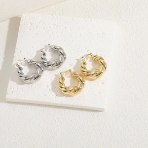 Detailed close-up of twisted round hoop earrings in polished gold and silver finishes