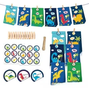 Dinosaur party gift bags set with mini wooden clips, twine, and Thank You seal stickers
