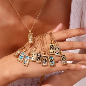 18K gold plated stainless steel tarot card pendant necklace with colorful enamel patterns