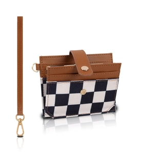 Detailed view of brown leather and checkerboard RFID card holder with wrist strap