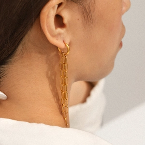 Détail de boucles d'oreilles franges en or 18k sur modèle avec design long poli
