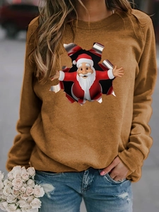 Detail of Santa Claus 3D print on women long sleeve mustard yellow sweatshirt