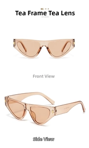Macro detail of cat-eye sunglasses with transparent amber frames and metallic rivet accents