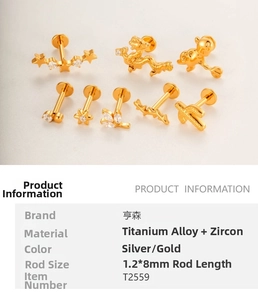 Titanium alloy studs with gold finish and zircon in cactus, star, and dragon shapes