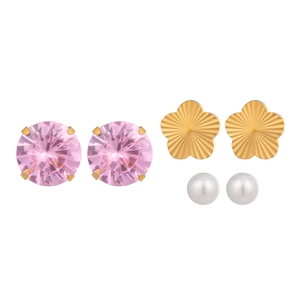 Detailed set of three stud earrings with pink zircon, gold flower, and white pearl