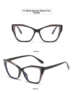 Cat-eye glasses frame in black brown showing front and side view with polished finish