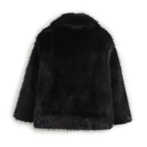 Back view of a long black faux fur coat for women with a dense and fluffy texture