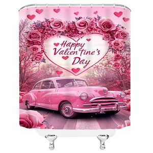 Rideau de douche de Saint-Valentin avec voiture rose rétro et couronne de roses