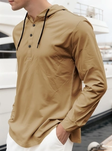 Detail of khaki men's henley hoodie featuring three-button placket and elastic cuffs