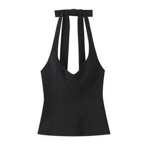 Sexy black halter neck top for women featuring deep V-neck and neck bow tie design
