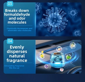 Solar powered car air freshener detail showing odor decomposition and blue metal casing