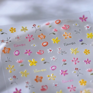 3D embossed floral nail stickers featuring colorful hand-painted flowers and hearts