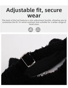 Close-up of black teddy fleece baseball cap with adjustable metal buckle back