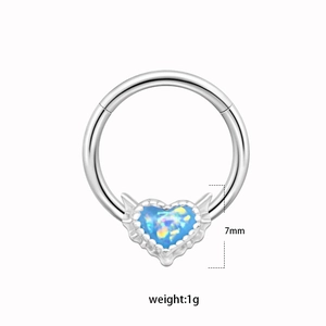 Silver heart nose ring with blue synthetic opal inlay, 7mm size and lightweight 1g design