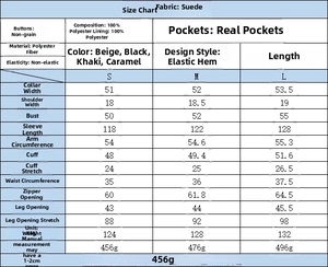 Tableau des tailles détaillé pour doudoune en daim polyester avec ourlet élastique