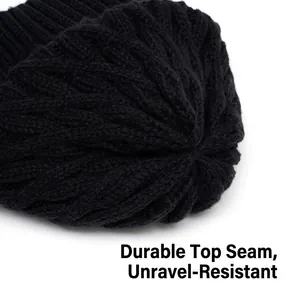 Thick black knitted beanie with heavy-duty top stitching and warm textured weave