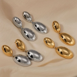 Polished stainless steel teardrop dangle earrings in gold, silver, and two-tone finishes