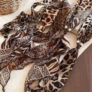 Vintage leopard and zebra print chiffon scarf necklace with decorative resin beads