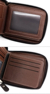 Detailed view of brown leather wallet interior with multiple card slots and clear ID window