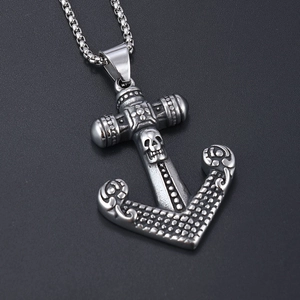 Anchor Skull Pendant Necklace Stainless Steel Vintage Gothic Punk Nautical Jewelry For Men Cool Biker Charm
