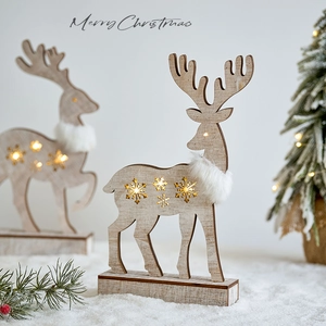 Christmas Reindeer Wooden Ornament LED Light Tabletop Decor Faux Fur Collar Snowflake Hollow Warm Glowing Decoration