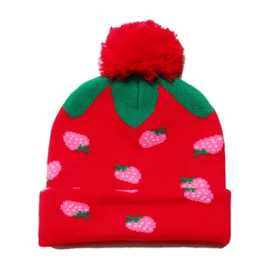 Kids strawberry jacquard knit beanie hat with red pompom and green leaf detail