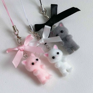 Three cute flocked cat charms with satin bows for phones and bags in pink white and grey