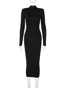 Detail view of black mock neck long sleeve bodycon dress on a mannequin