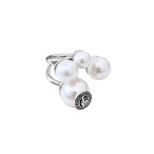 Vintage silver open ring featuring pearls and Medusa relief with Greek key pattern