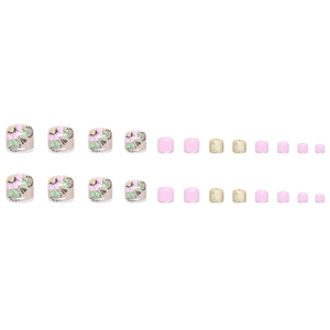 24-piece press-on toenails featuring pink floral art, soft pink, and sparkling gold glitter