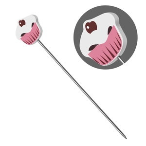 Stainless steel cake tester probe with a pink and white cupcake decorative topper