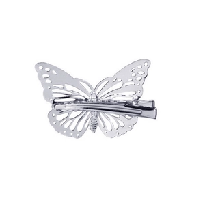 Silver hollowed-out butterfly hair clip in minimalist metal style on white background