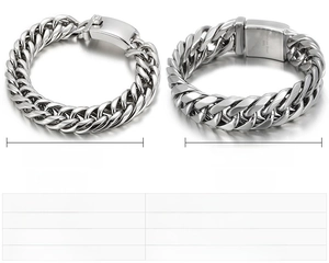 Size chart for stainless steel Cuban link bracelet showing detailed dimensions and weight