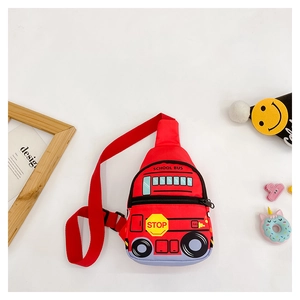 Detailed top view of red cartoon school bus chest bag with adjustable strap for kids
