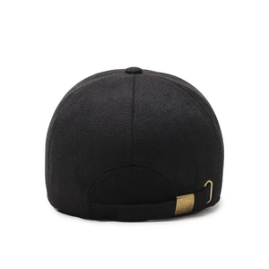 Rear view of black textured baseball cap with bronze metal buckle adjustment