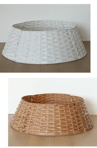 Detail view of woven Christmas tree collars in white and wood tones with metal frame