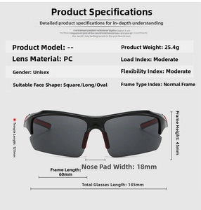 Detailed size chart for sports cycling sunglasses featuring precise frame measurements